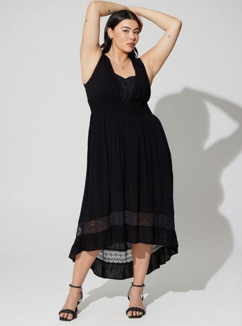 Torrid 2 Black Gauze Lace Inset Hi Low Maxi Dress Boho Gothic NWT Plus Size